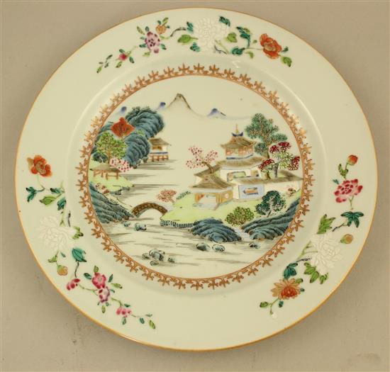 A set of four Chinese famille rose landscape plates, Qianlong period, 23.5cm